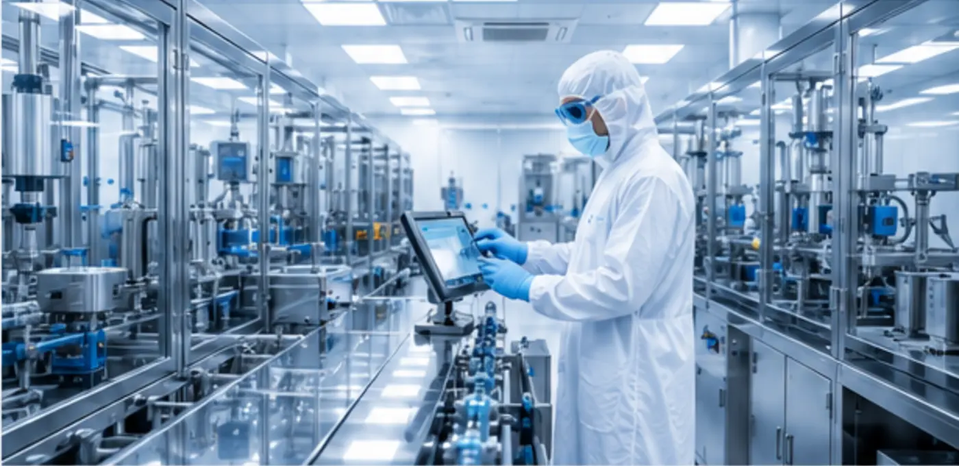 Technician operating precision equipment in a clean medical manufacturing facility